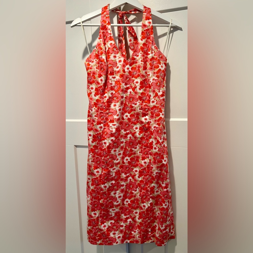 Ann Taylor Floral Print, Fully Lined, V Neck Halter Tie Dress, Sz 6